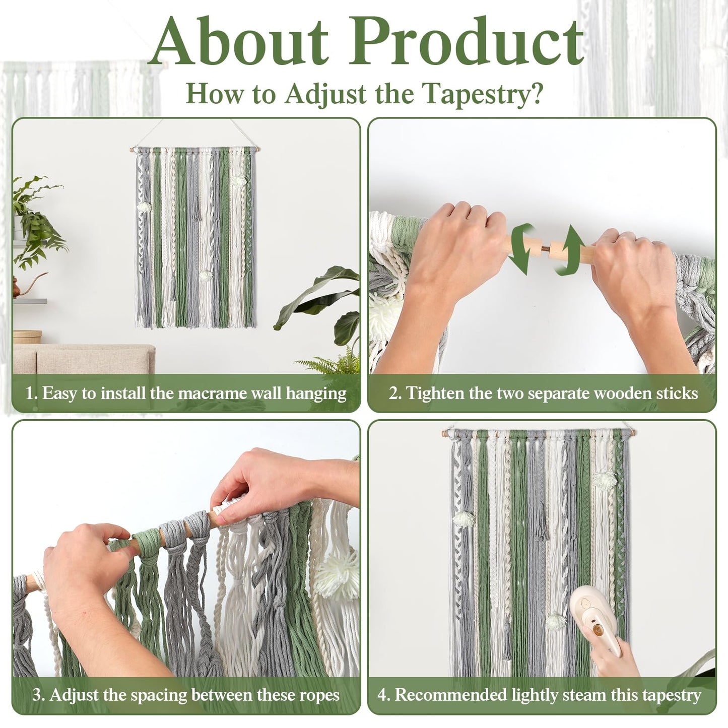 LOMOHOO Large Macrame Wall Hanging Boho Chic Home Decor, Green Gray Beige Yarn Tassel Woven Fringe Handmade Wall Art Decoration for Bedroom Living Room, Gift for Friend Girls Adults 23.6" Wx 34" L