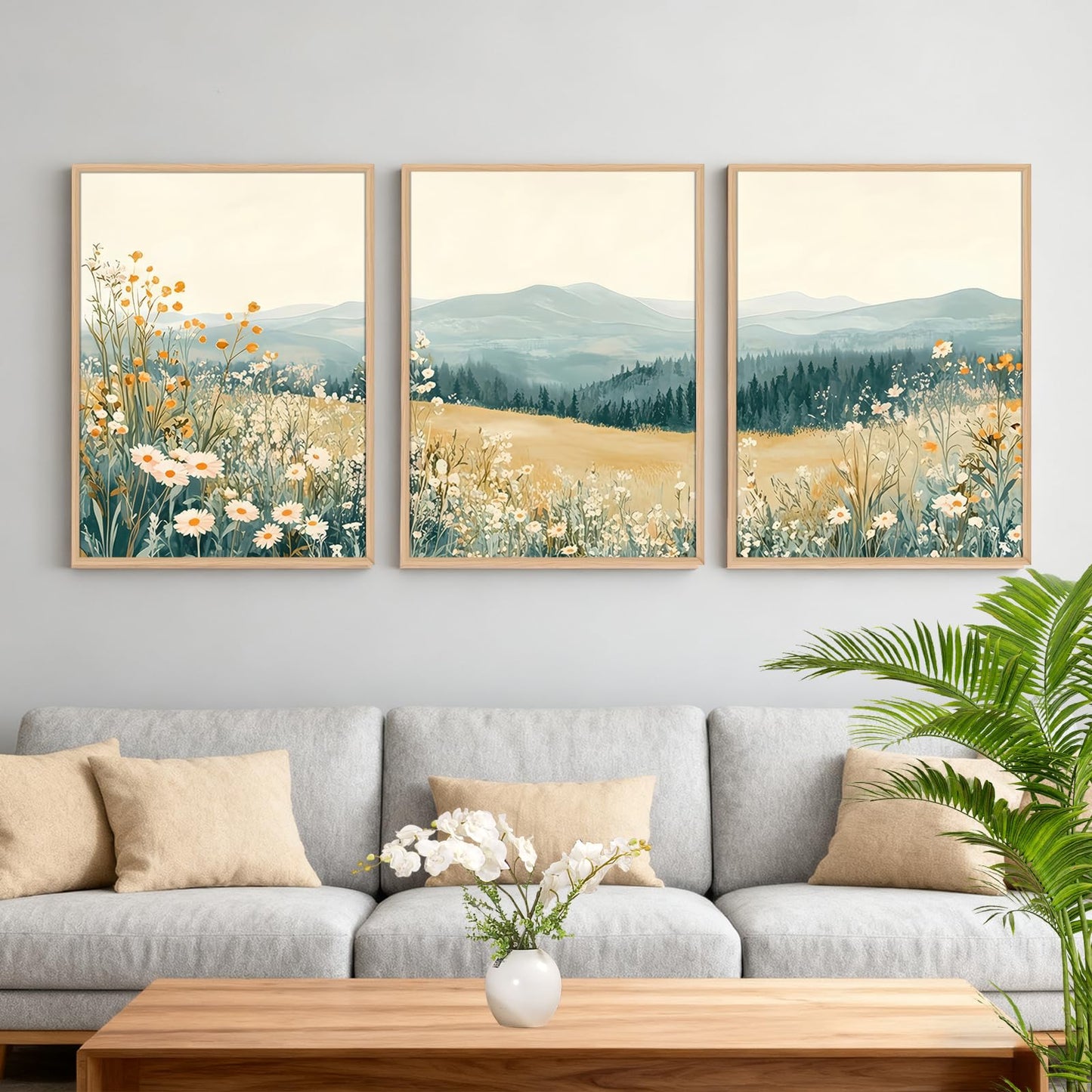 3 Pcs Framed Mountain Wildflower Wall Art Triptych Natural Landscape Canvas Prints Large Farmhouse Daisy Poster Botanical Picture Painting for Living Room Bedroom Decor 12x16IN