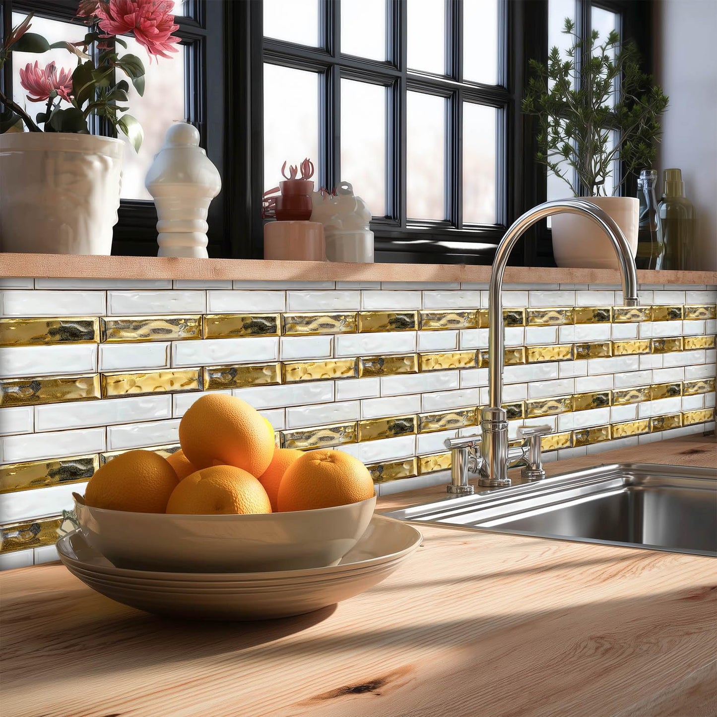 HOMETITUTE 20Pcs White Gold Brick Tile Stickers Peel and Stick Decorative Tiles Waterproof Removable Sticker Tiles Backsplash Decals for Kitchen Bathroom Fireplace Stair Riser Wall 4x4 Inch(not 3D)