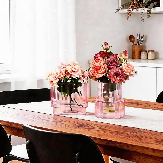 Pink Glass Vases, Set of 2 Ribbed Vases for Flowers, Pink Vase for Tulips, Modern Glass Vase for Living Room, Dining Table, Office, Entryway, Mantle, Bookshelf, Wedding Gifts