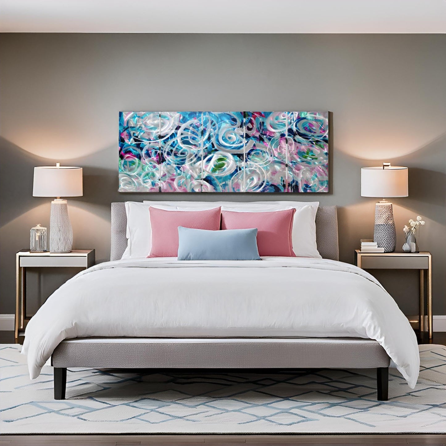 RICHSPACE ARTS Large Flower Field Metal Wall Art with 3D Texture 5 Pieces Blue and Pink Modern Wall Decor Hanging Sculptures for Living Room Bedroom Office Home Gift Ideas