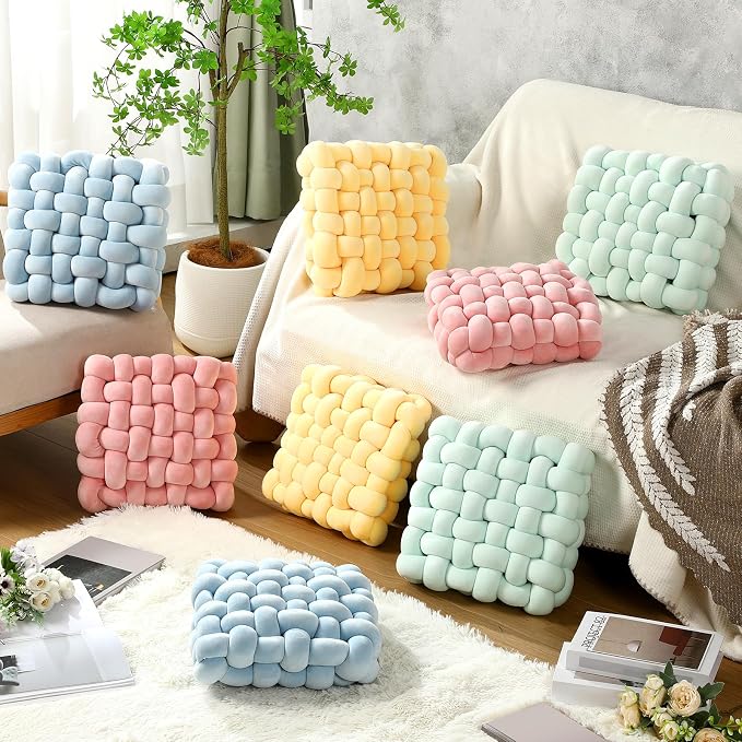 Wenqik 2 Pcs Knot Pillows Square Knotted Plush Throws Soft Accent Pillows Decoration Cushion for Couch Home Office Living Room Bedroom Bed Sofa Decor, 12'' x 13''(Goose Yellow,Crystal Velvet)