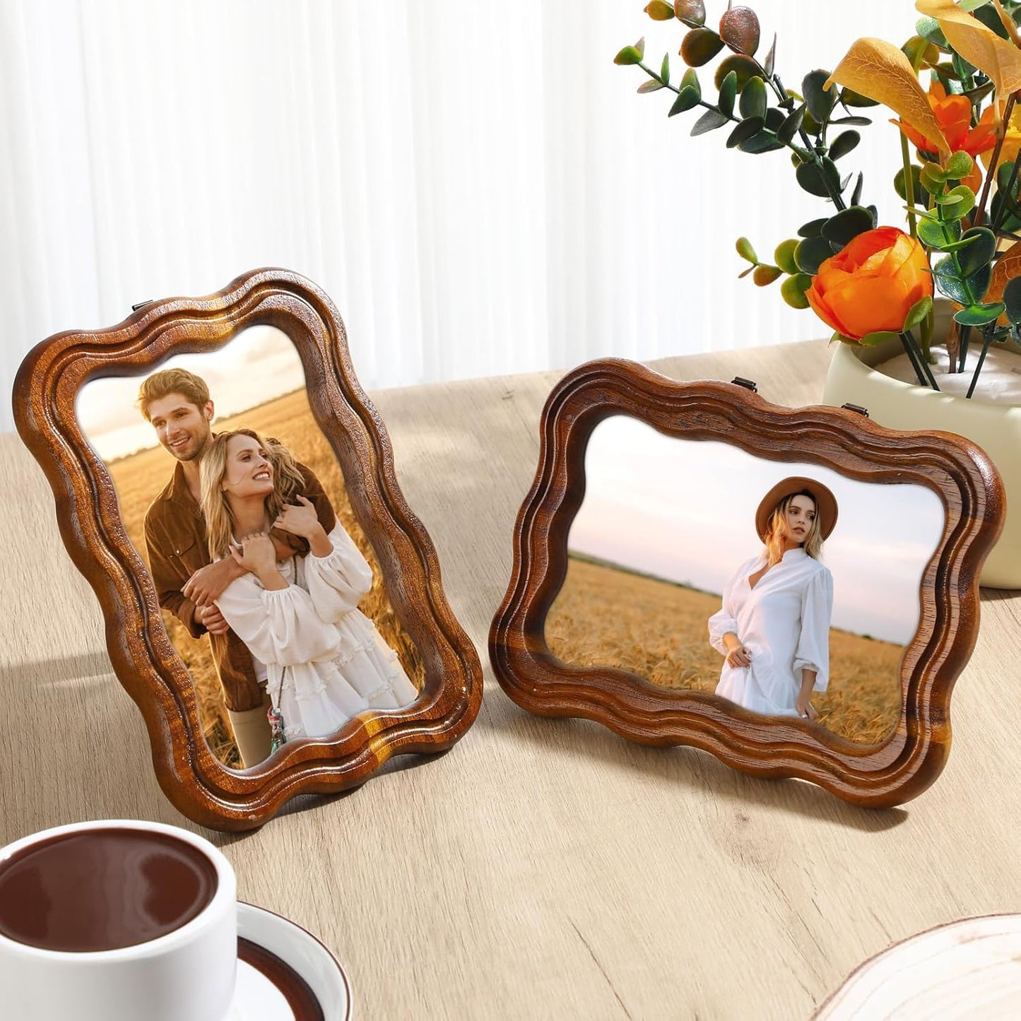 RattanView 4 x 6 Wood Scalloped Rustic Picture Frame Farmhouse Photo Frame with Acrylic Wavy Edge Vintage Acacia for Tabletop Vertical and Horizontal Display(2 Pcs)