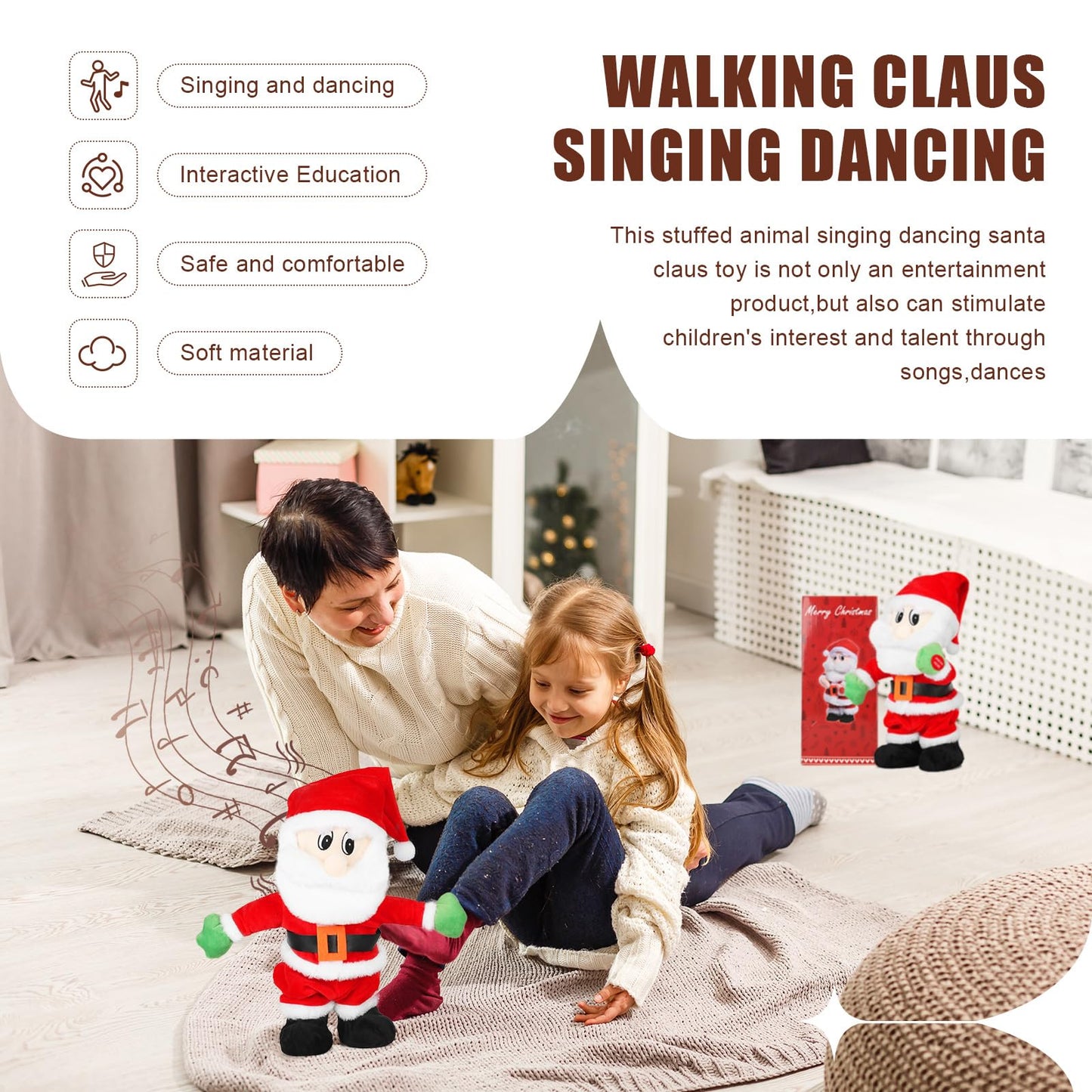 SdeNow Musical Dancing Santa Claus Plush Toy Animated Singing Walking Santa Doll Funny Wiggling Christmas Stuffed Santa Holiday Decoration Xmas Gift for Kids Family