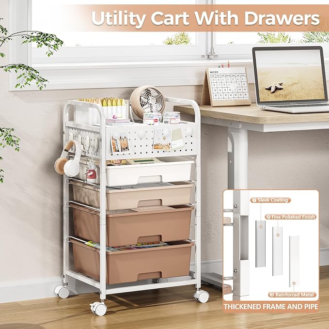 4 Drawer Rolling Storage Cart with Pegboard Top and Hooks, Mobile Organizer Cart with Wheels for Office Supplies, Craft Storage, Classroom Organization, Home Utility Cart, Brown