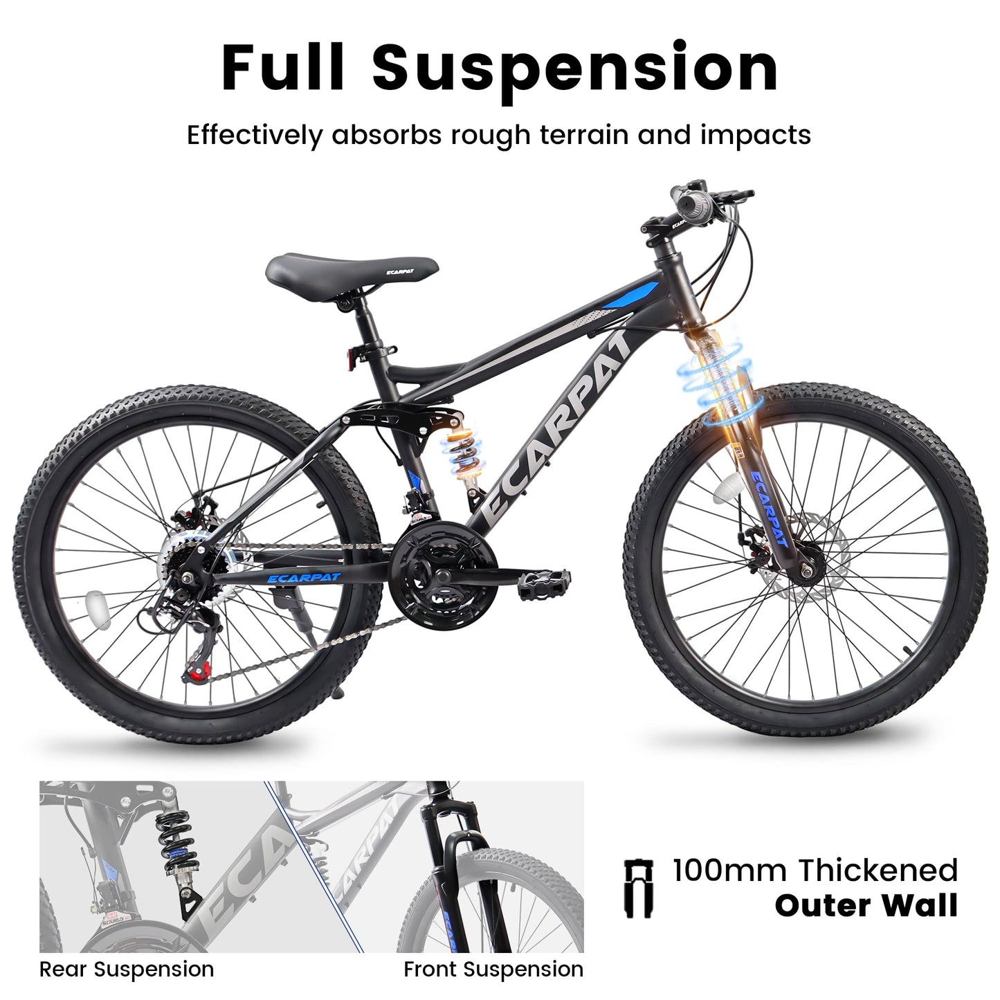 Ecarpat Full Suspension 26 Inch Mountain Bike, 21-Speed Mountain Bicycle with Disc Brake, Carbon Steel Frame, Trail Commuter City MTB Bike