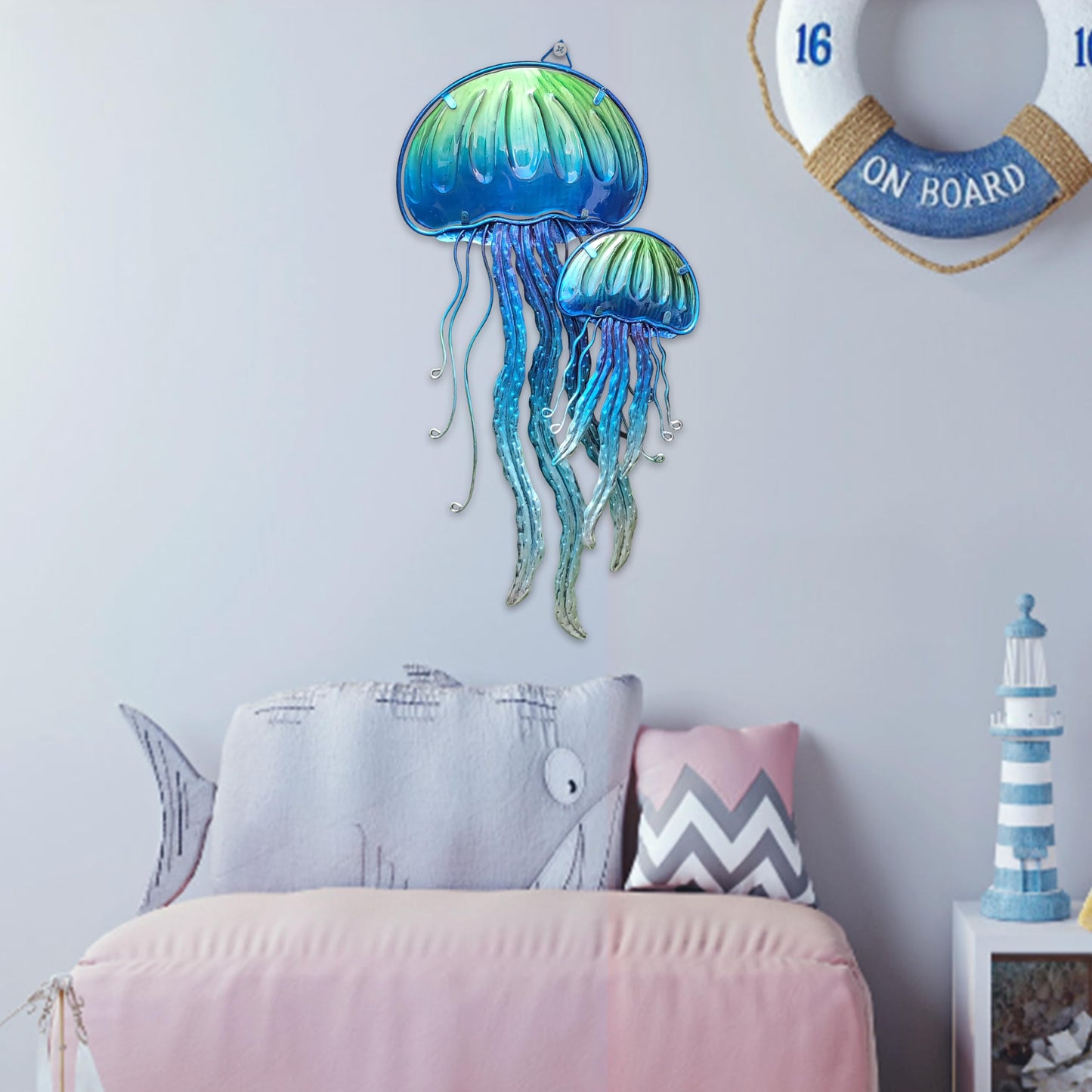 JOYBee Ocean Jellyfish Wall Art Decor-Sea Life Nautical Home Hanging Decor-Glass&Metal Jellyfish Decoration for Pool,Beach,Patio,Living Room,Bathroom,Boat, Coastal Decorations(17inch)