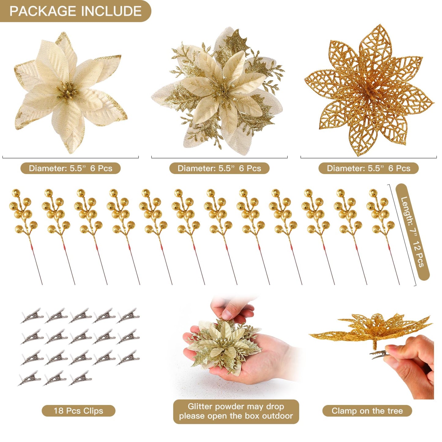 Floweroyal 30pcs Poinsettia Artificial Christmas Flowers Decorations with Clips and Berry Stems Glitter Ornaments for Christmas Tree Wreath Fireplace Stairs Decor (Gold-3 Styles)