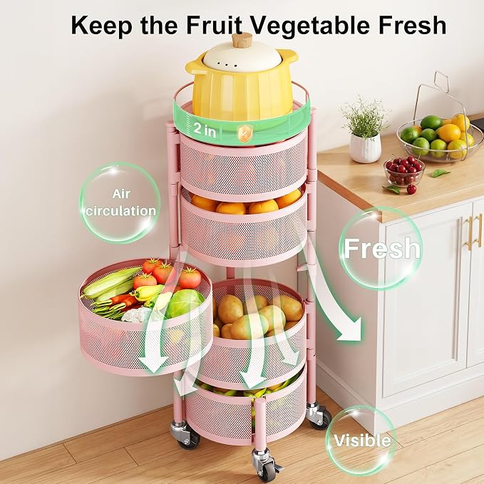 SAYZH Fruit Vegetable Basket for Kitchen, Rotating Storage Rack, 5 Tier Rolling Cart with top lid, Large Metal Wire Wheels, Pink