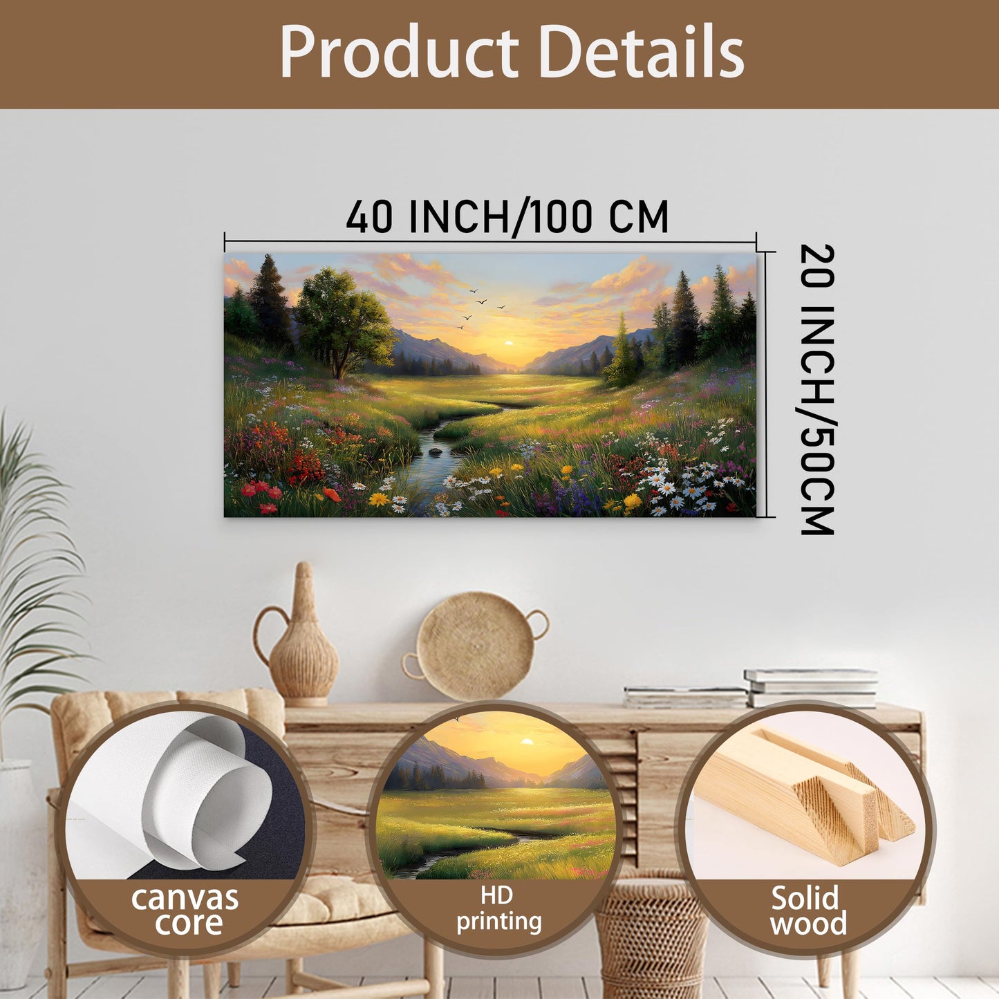 Tarfupth Large Green Landscape Canvas Wall Art for Living Room Sunset Mountain Wildflowers Canvas Prints Nature Scenery Artwork for Bedroom Office Home Decor 20"x40"