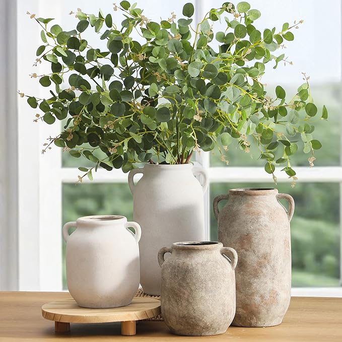 Large Flower Vase Home Decor - Tall Ceramic Farmhouse Rustic Table Vases with Handle Living Room Decoration Decorative Modern Vintage for Floor Kitchen Shelf Coffee Dining Desk Fireplace (12" Retro)