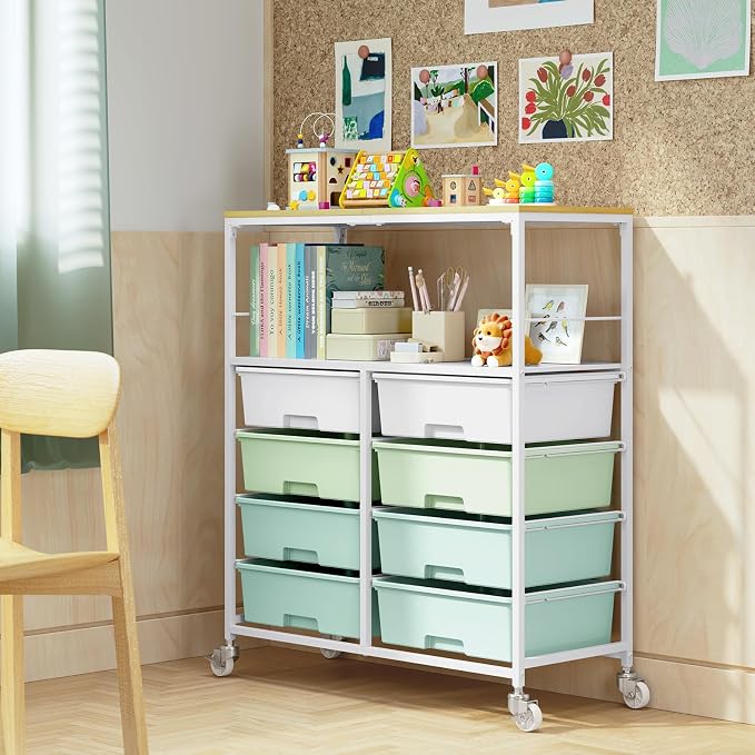 Rolling cart with 8 drawers,Storage drawer cart with wooden tabletop,Lockable wheels organizer for homeschool, arts & crafts, classroom, office & creative spaces (Green)