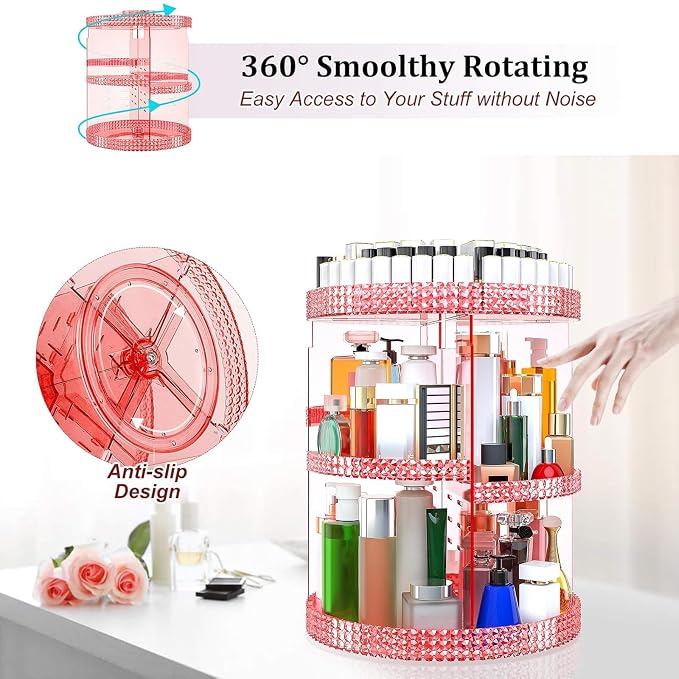 Awenia Makeup Organizer 360-Degree Rotating, Adjustable Makeup Storage, 7 Layers Large Capacity Cosmetic Storage Unit, Fits Different Types of Cosmetics and Accessories, Plus Size(Pink)