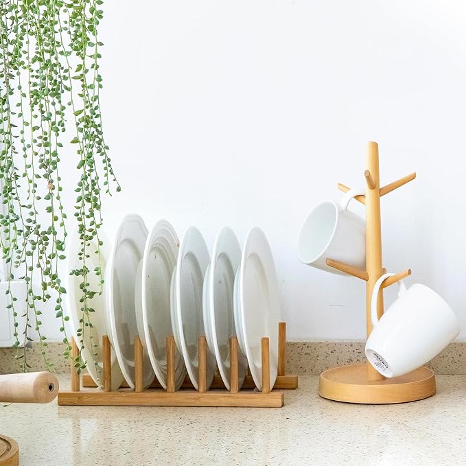 2PC Bamboo Wooden Dish Drying Rack, 8-Slot Plate Rack Cabinet Dish Stand Organizer for Kitchen Counter, Drainer Storage Holder for Bowl/Cup/Lid/Cutting Board/Book, Space-Saving Design