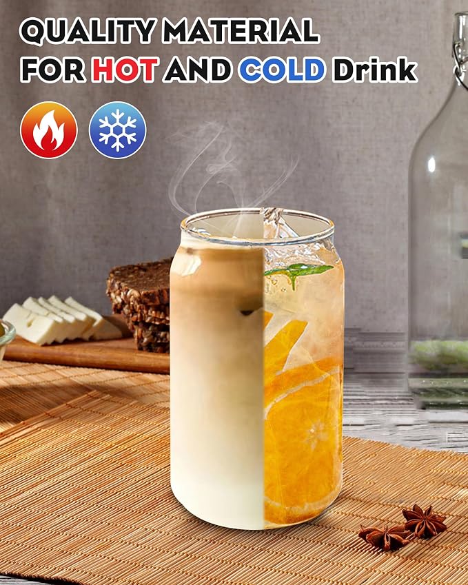 WISIMMALL Drinking Glasses with Bamboo Lids and Glass Straw 8PCS Set, 16oz Glass Cups with Lids and Straws, Beer, Iced Coffee Glasses, Soda, Gift 2 Cleaning Brushes