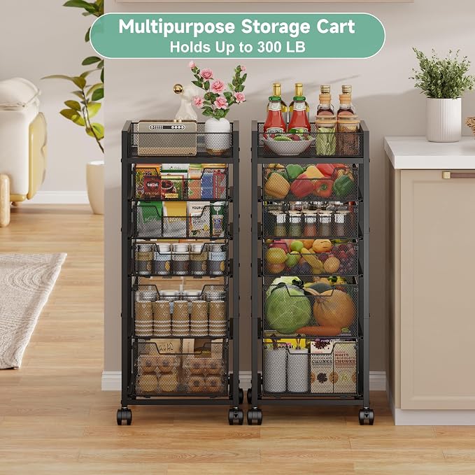 keomaisyto 6-Tier Kitchen Storage Cart with Top Basket & Drawers, Utility Fruit Vegetable Storage Rack on Lockable Wheels, Metal Rolling Snack Cart, Kitchen Organization for Potatoe Onion Can Spice
