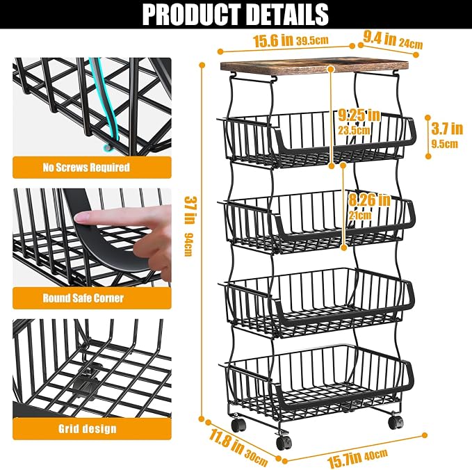 Gsiekare Fruit Vegetable Basket for Kitchen, 5 Tier Stackable Fruit Vegetable Storage Baskets with Wheels, Metal Wire Storage Basket Organizer Baskets for Kitchen, Pantry, Bathroom