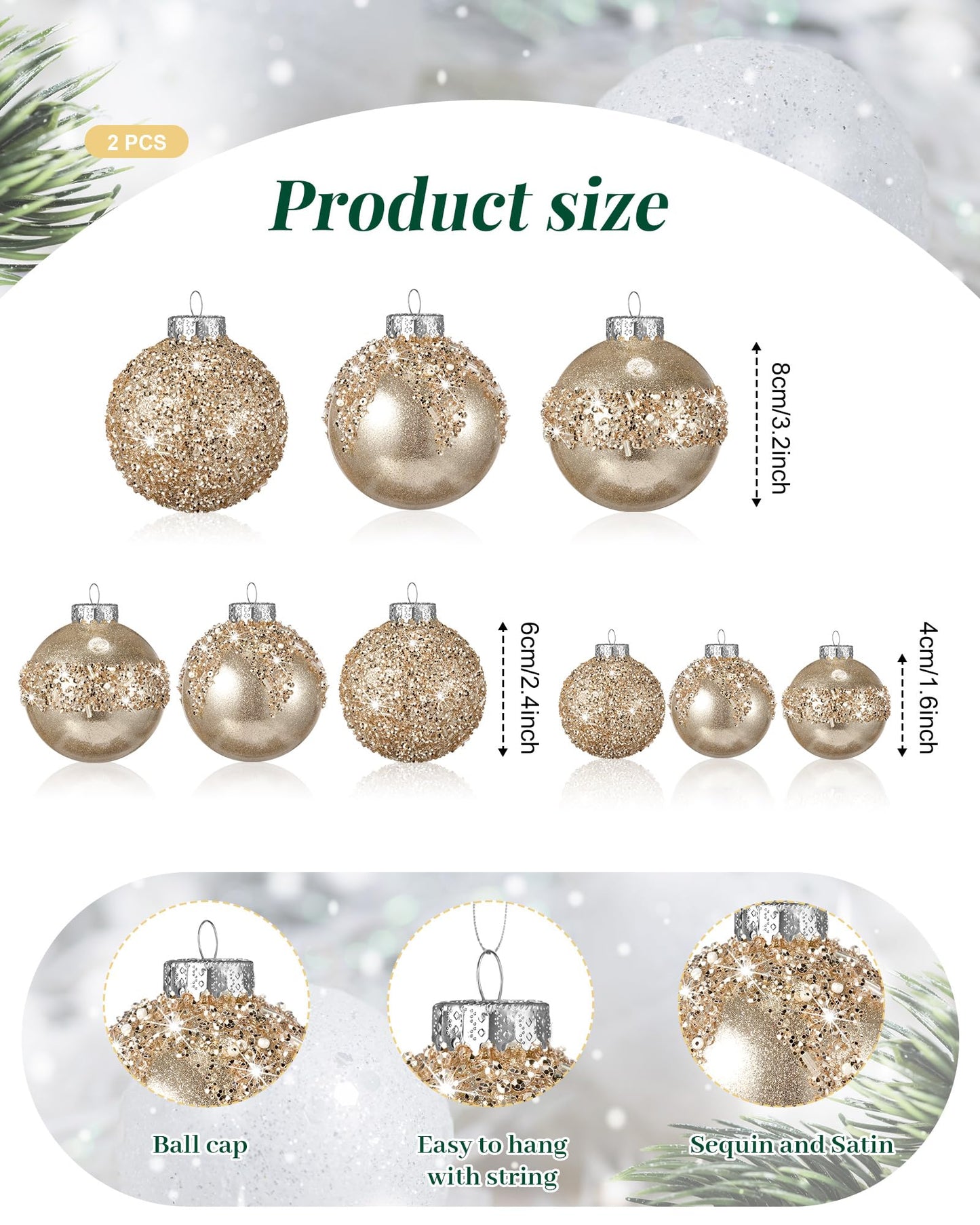 Civaner 24 Pcs Glitter Christmas Ball Ornaments Set 3.2'' 2.4'' 1.6'' Christmas Tree Ornaments Hanging Sequin Shatterproof Balls for Xmas Tree Wreath Garland Xmas Home Decor(Champagne Gold)
