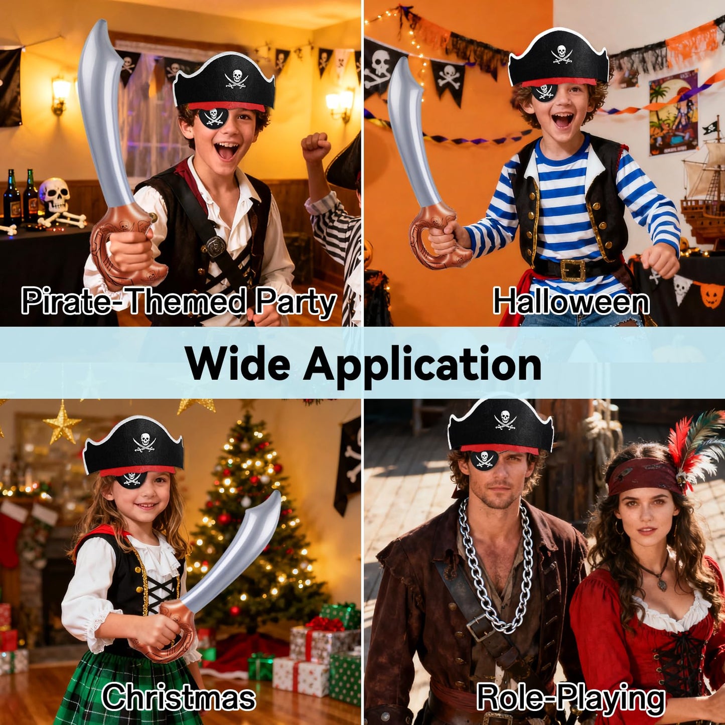 ZeeDix 18 Pcs Pirate Accessories for Kids, Include 6 Pirates Hats, 6 Eye Patches and 6 Swords, Pirate Party Decorations for Christmas, Halloween, Masquerade, Cosplay, Birthday