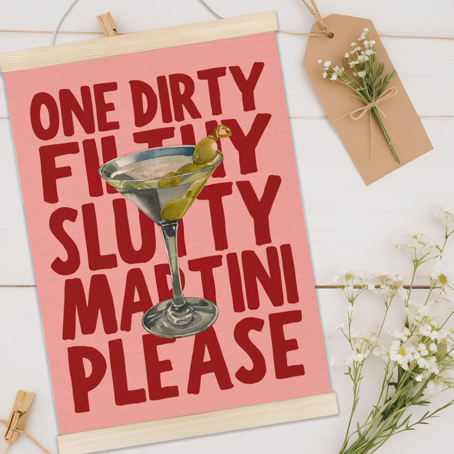 Welshower Dirty Martini Cocktail Bar Poster Hanger Frame, Gifts for Martini Lovers, Pink Trendy Cocktail Wall Art Prints Decor for Home Kitchen Bar Pub Lounge, 12x16 Inch