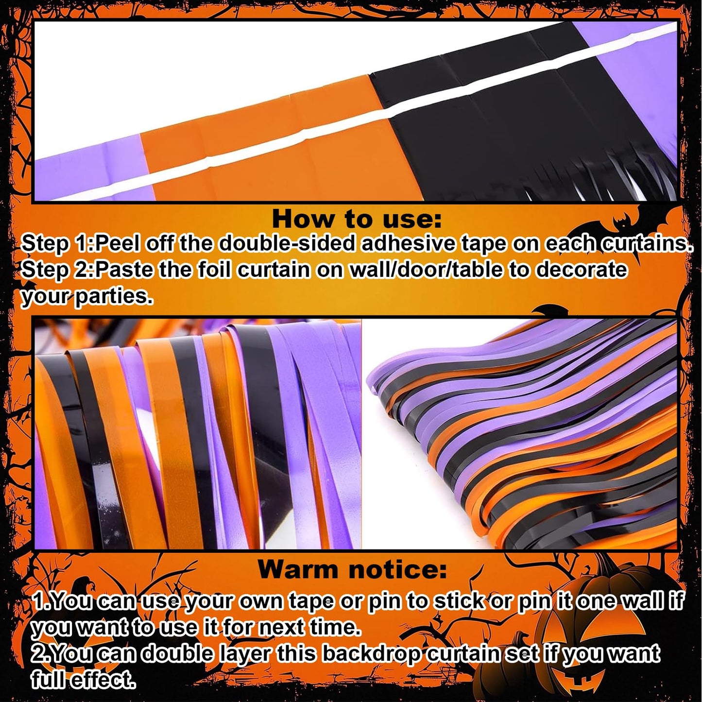 3 Packs 3.3ft x 6.6ft Orange Purple Black Metallic Tinsel Foil Fringe Curtains Photo Booth Props for Halloween Birthday Bridal Shower Baby Shower Bachelorette Holiday Celebration Party Decorations