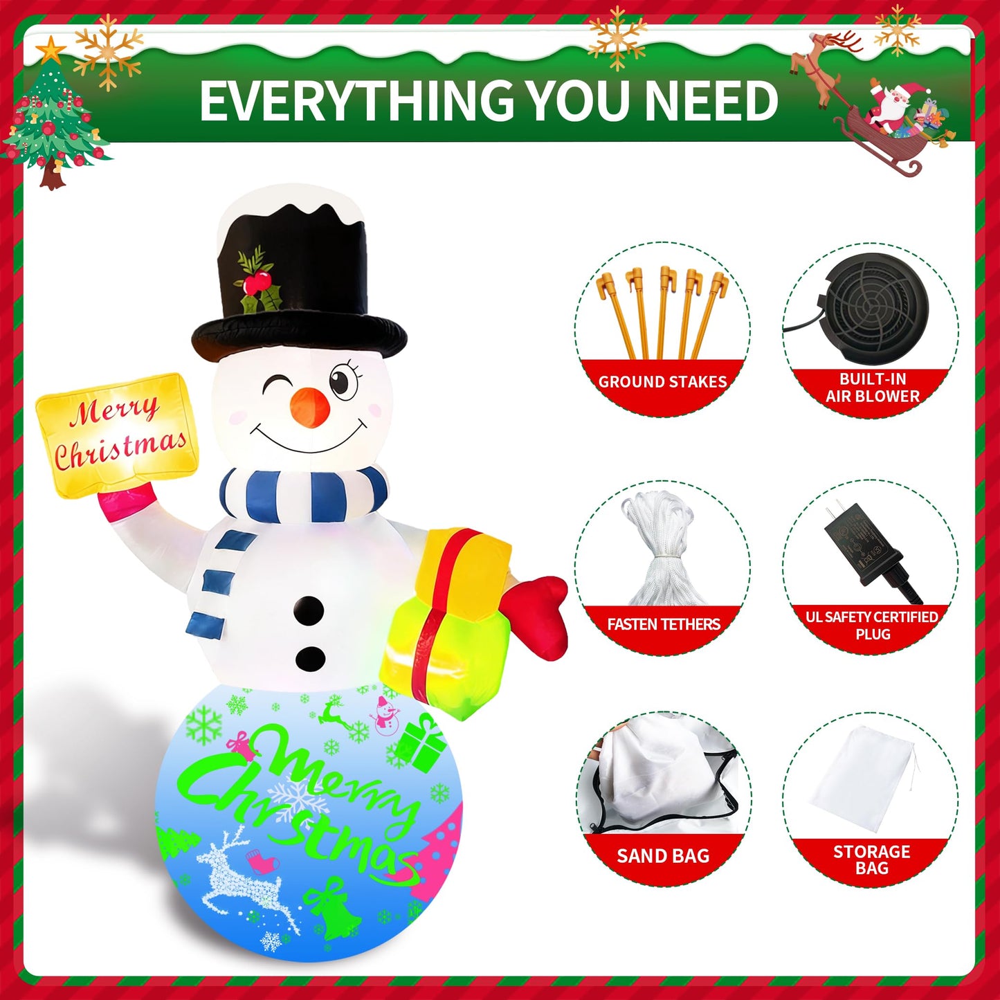 Airdomi 6FT Christmas Inflatables Snowman Outdoor Christmas Decorations Blow Up Snow Man Decor Built-in Rotating Music Box LED Light Wear Magic Hat for Indoor Yard Holiday Party Garden Xmas New Year