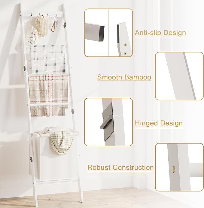 BAMBANG Bamboo Blanket Ladder with Basket, 5-Tier Quilt Rack Stand with 4 Hooks & Storage Hamper for Living Room Bathroom, Wall Leaning Decorative Ladder Shelf for Blankets Display (White)
