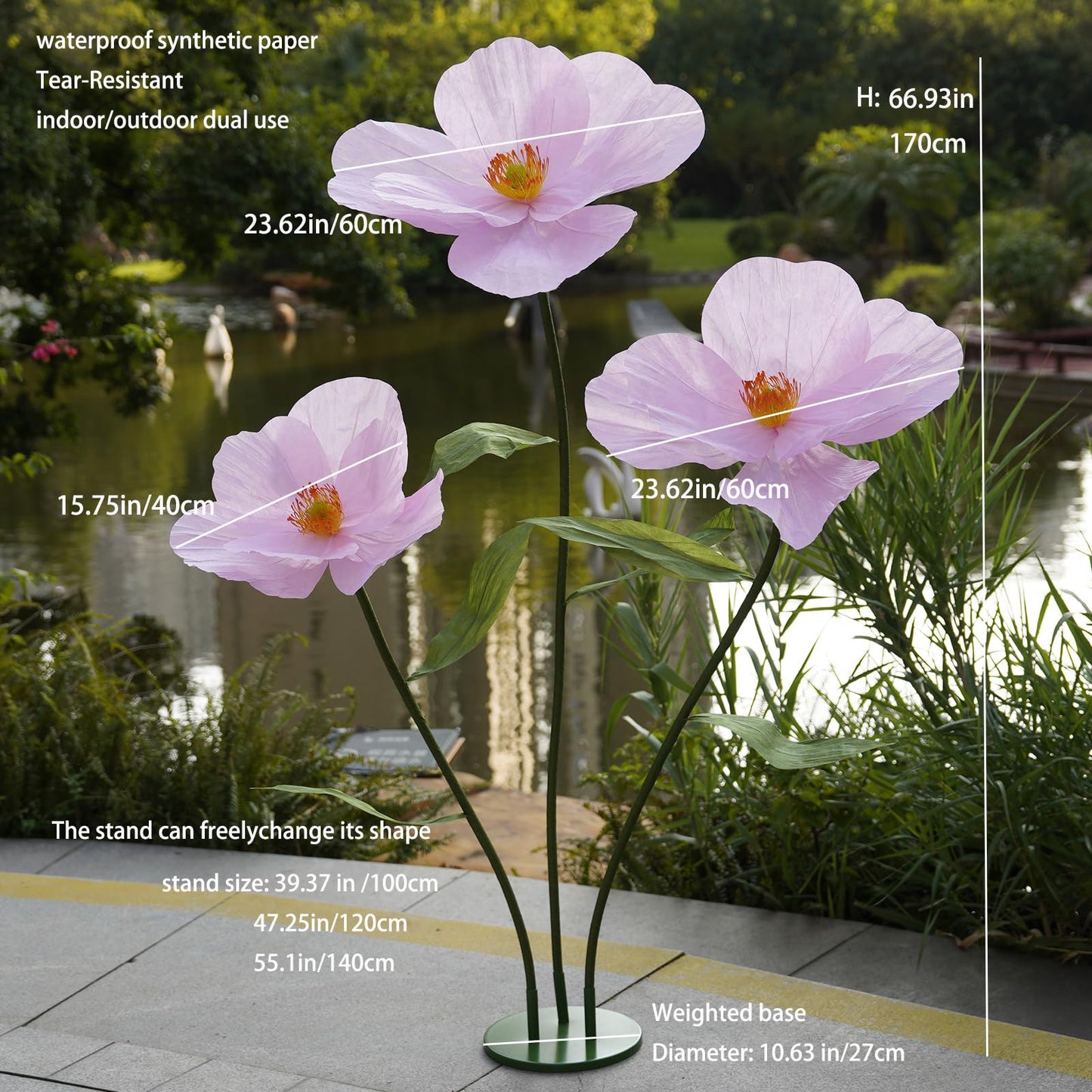 ZEYEXE Large Paper Artificial Flowers,Giant Flowers for Decoration,Huge Handcrafted Poppy Fake Flowers with Stand for Home Decor Bridal Shower Party Outdoors Yard Event Backdrop Decor (Pink)