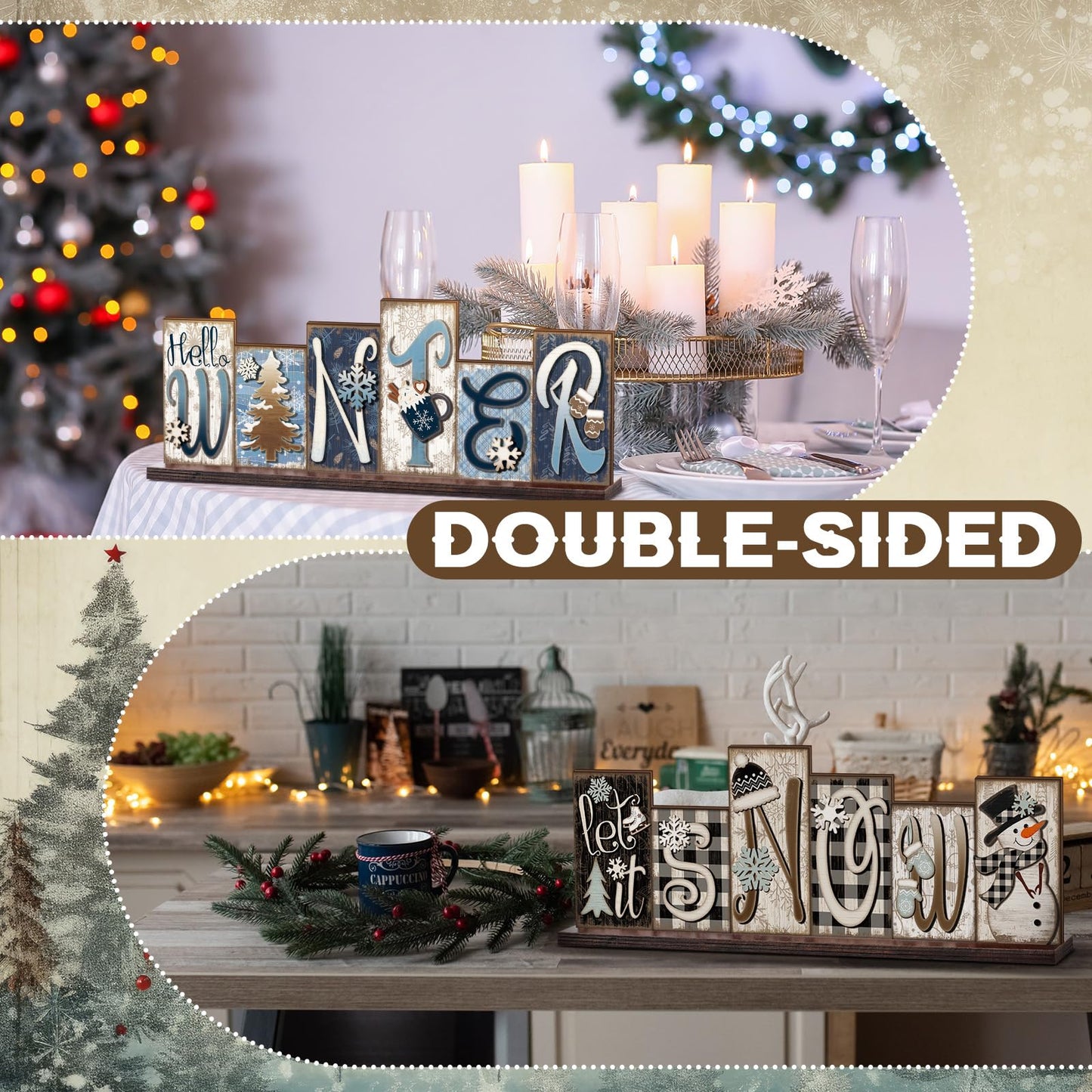 Amyhill Winter Table Decoration Snowman Christmas Decor Reversible Winter Table Centerpiece Christmas Tiered Tray Decor Decorative Block Signs Farmhouse for Wonderland Party Home Kitchen Shelf