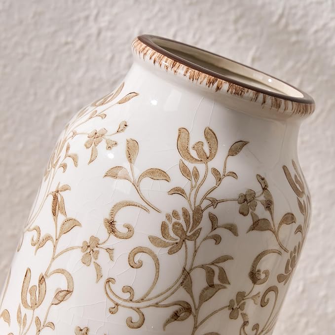 SIDUCAL Ceramic Vintage Vase, 8.78 Inch Chinoiserie Floral Vase, Retro Ice Cracked Rustic Farmhouse Vases for Home Decor, Living Room, Bookshelf, Office, Tuscan Decor, Brown Floral Pattern