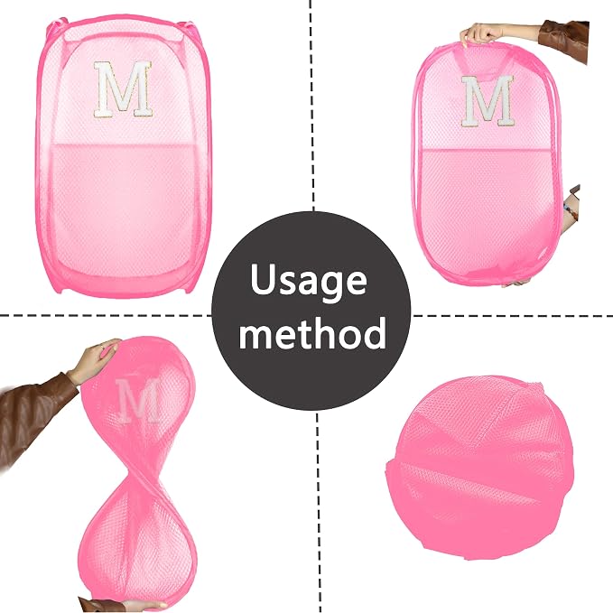 Collapsible Pop Up Laundry Hamper, Extra Large with Removable Initial Letter M, Mesh Foldable Laundry Basket, 28" x 16" x 16" (Pink)