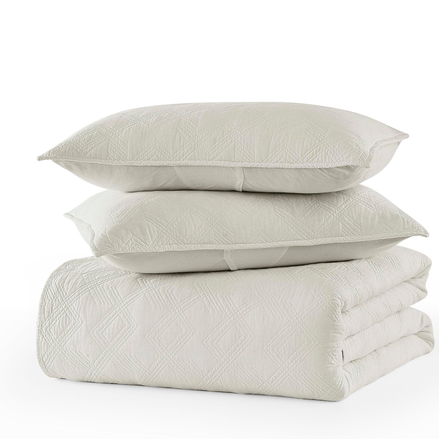 WDCOZY 100% Cotton Queen Size Quilt Set - Beige Pre-Washed Soft Lightweight Modern Bedspread, Farmhouse Country Rustic Coverlet, Textured Like Linen, Shabby Chic Gauze Bedding, 3 Pieces