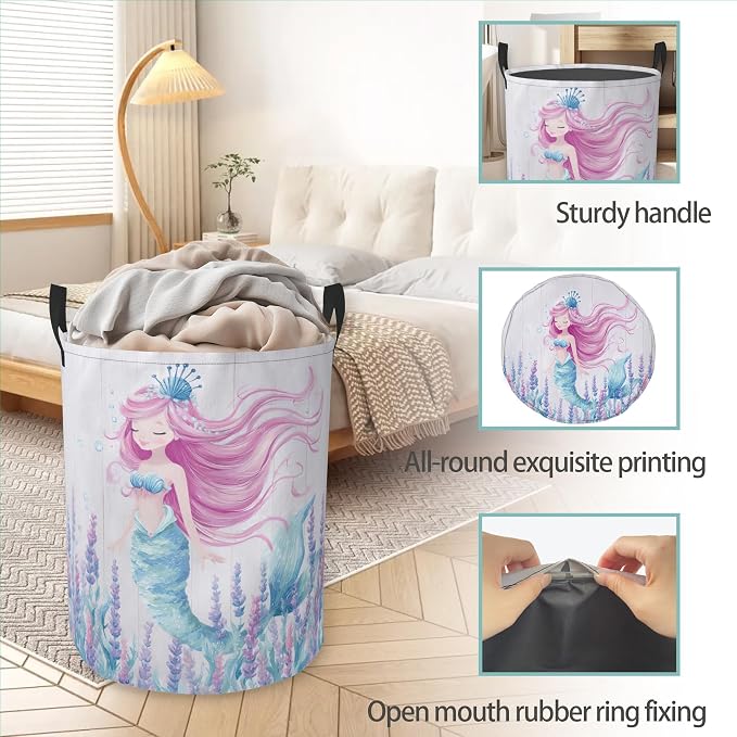 Mermaid Laundry Basket With Handles Tote Bag Oxford Cloth Funny Laundry Hamper Clothes Storage Bucket Toy Organizer 16" X 20.8"For Bathroom/Laundry/Bedroom