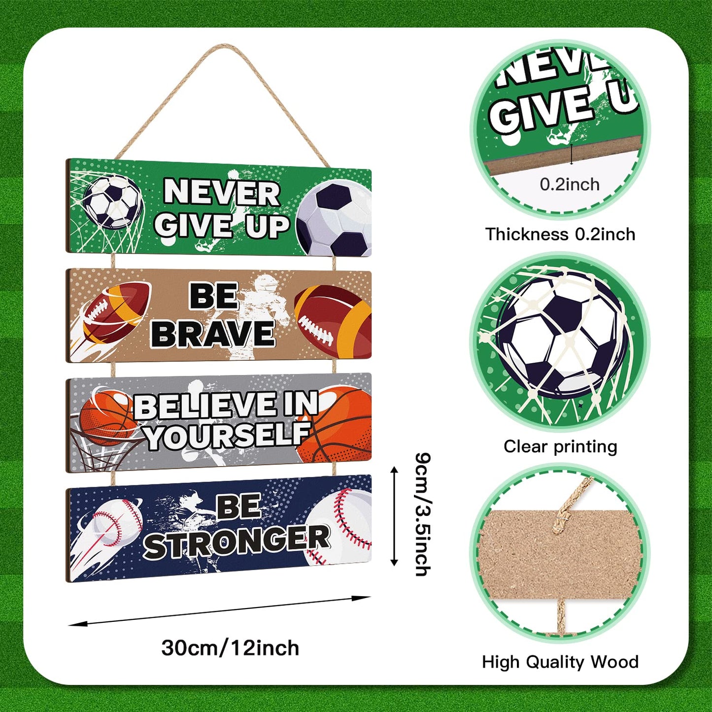 HLNIUC Sport Themed Wall Decor,Football Wood Sign(3.5"x12"),Inspirational Never Give Up Wooden Sign,Basketball Wood Hanging Wall Art For Boys Kids Room Playroom Nursery Decor(Retro Style)