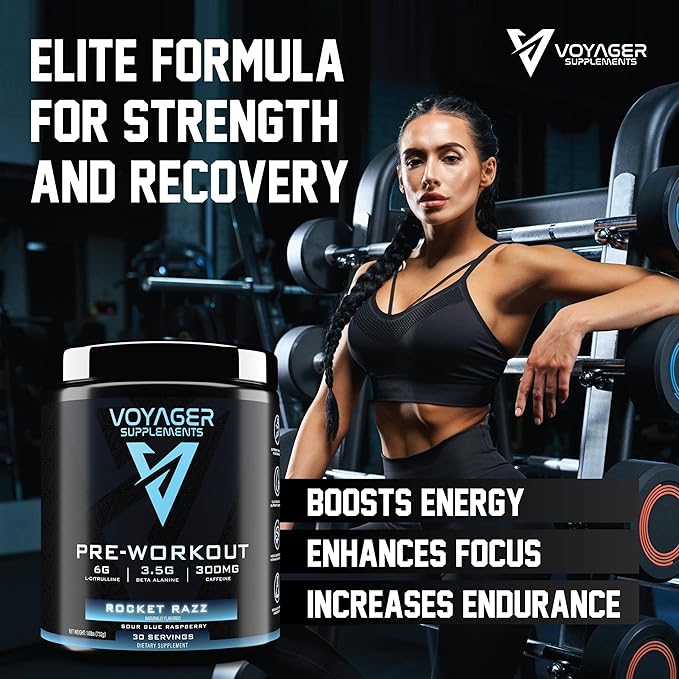 Voyager Pre-Workout Rocket Razz ??Creatine-Free Powder w/L-Citrulline, Beta-Alanine, Caffeine ??Supports Energy, Endurance & Focus ??30 Servings ??No Artificial Fillers ??GMP Certified
