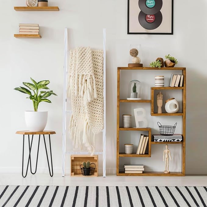 6 Tier Wooden Blanket Ladder - Rustic Style Quilt Ladder for Blankets - Blanket Rack for Wall - Blanket Holder - Farmhouse Decor Accent Furniture for Living Room (White, 6 Tier)