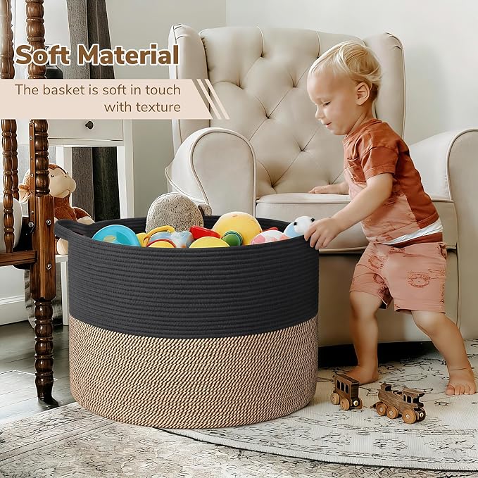 INDRESSME 115L Extra Large Storage Baskets for Organizing, Blanket Basket Living Room Dog Toy Bin, Wicker Storage Woven Laundry Basket for Pillows, Towel Shoes Entryway, Mix Black