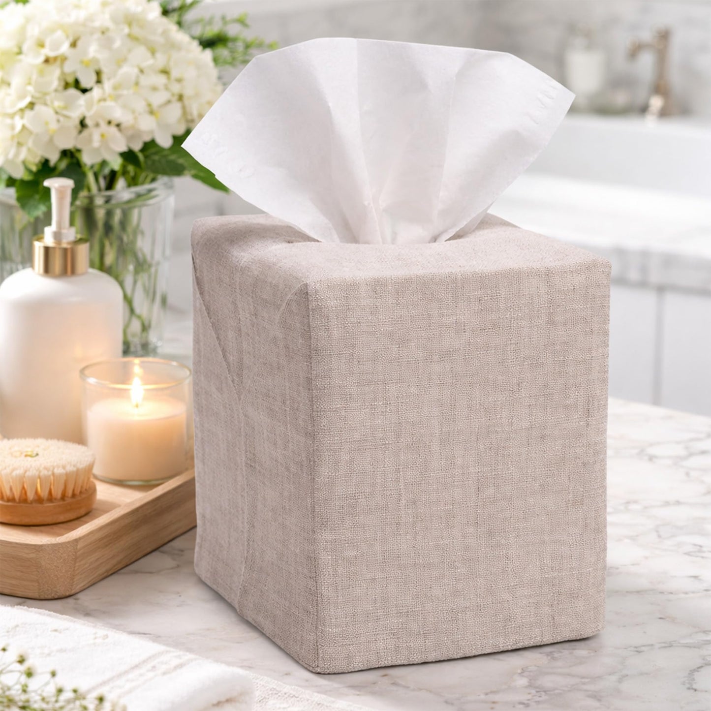 Jacaranda Living Square Tissue Box Cover, Linen/Cotton Fabric Tissue Holder, Decorative Cloth Tissue Cube Cover Tissue Box Cover, Natural Linen, Plain