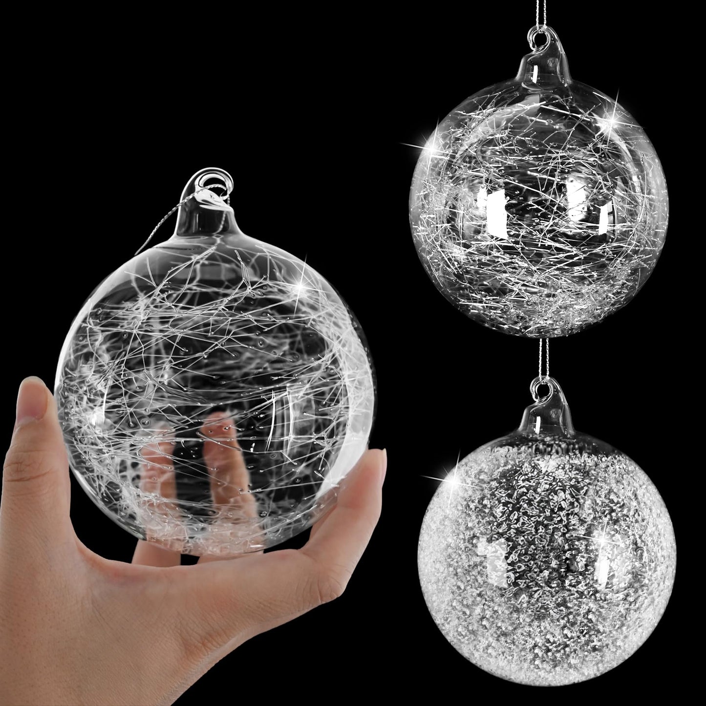 2 Pcs Glass Christmas Ball Ornaments Bulk 4 Inch Christmas Tree Ornaments Large Clear Glass Snowflake Dots Hanging Ball Decorations for Trees Xmas Party Home Decor