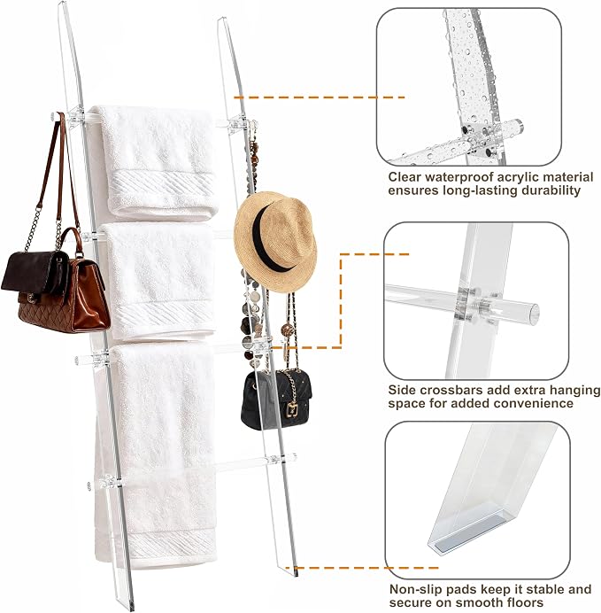 MESAILUP Blanket Ladder 5.6FT for Bathroom, 4 Tier Modern Decor Waterproof Blanket Holder for Living Room and Bedroom, Easy Assembly Clear Acrylic Ladder Shelf, Leaning Quilt Rack with Anti Slip Pads
