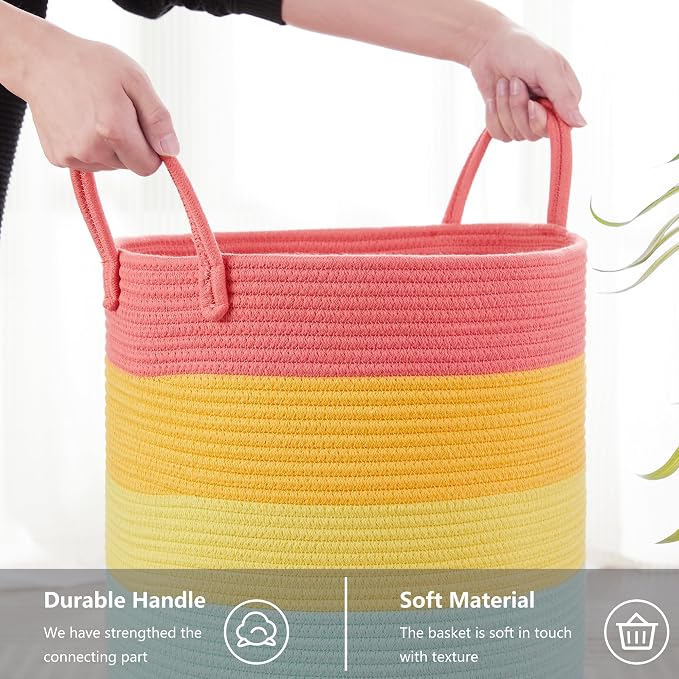 Rainbow 15"Dx20"H Baby Girls Kids Laundry Hamper Basket for Nursery Toddler Clothes Blanket Toy Storage Woven Rope Unicorn Hamper in Playroom Bedroom 60L Large