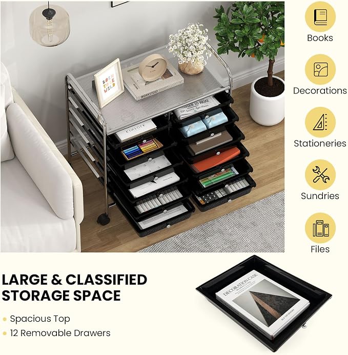 Giantex 12 Drawers Rolling Cart, Mobile Storage Drawer Cart, Classroom Organizer Cart for Office School Supplies Tools Scrapbook Paper Craft Small Printer, Utility Cart on Wheels, Black