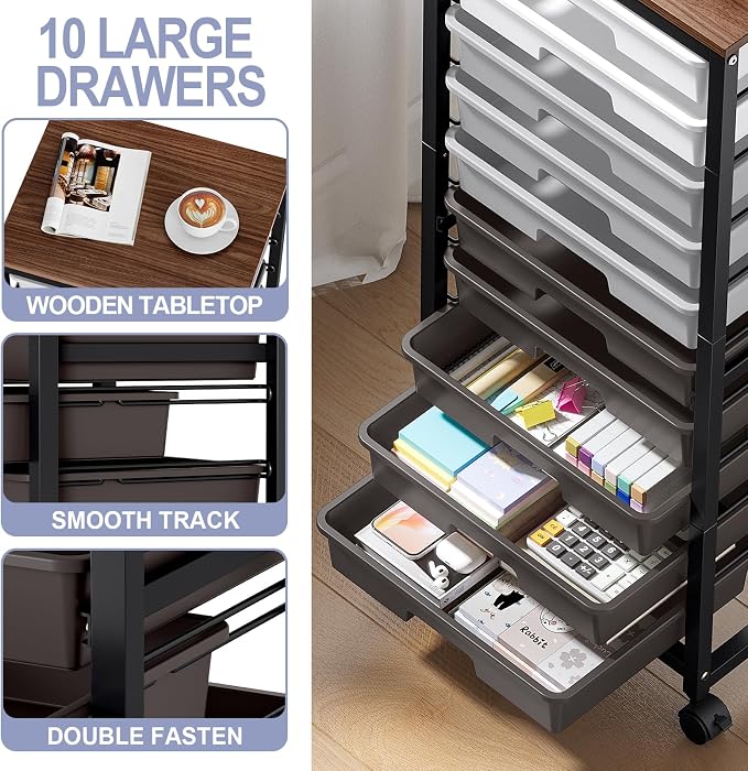 SYKIARIOL Rolling Cart with Drawers,10 Drawer Rolling Cart,Storage Cart,Utility Cart,Teacher Cart for Classroom Storage,Craft Cart with Wheels and Wooden Tabletop,Grey
