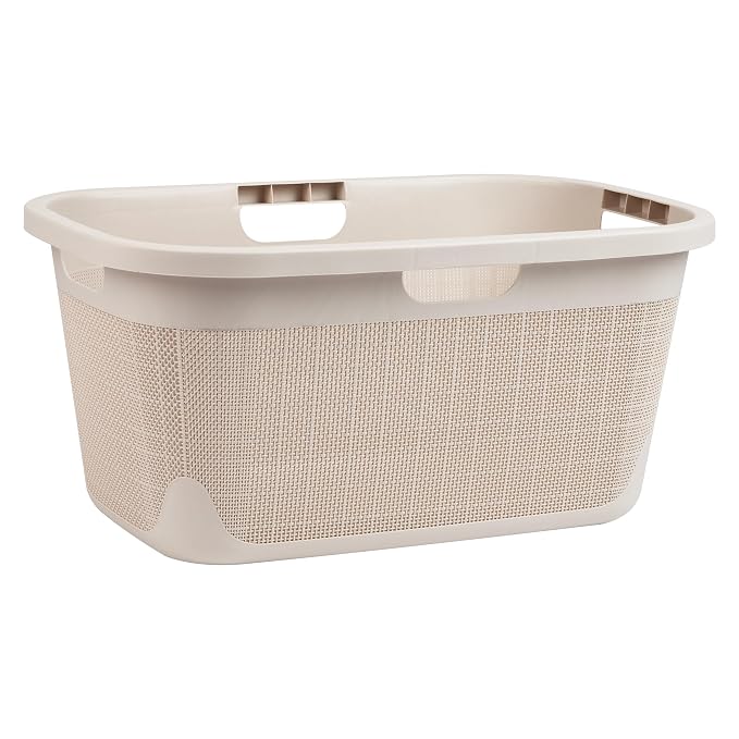 Mind Reader 40L Laundry Basket, Linen Design Clothes Hamper, Plastic Storage Bin with Handles, Ivory
