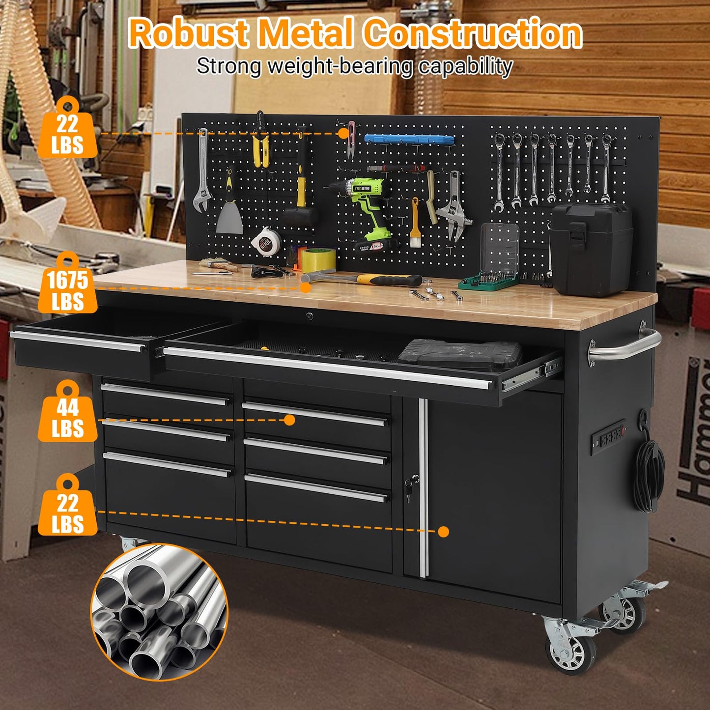 61-inch Rolling Tool Chest, 10 Drawers Garage Workbench Storage Tool Cabinet with Power Strip, Solid Rubber Wood Top, 1675 LBS Load Mobile Workstation, Heavy Duty Rolling Cabinet