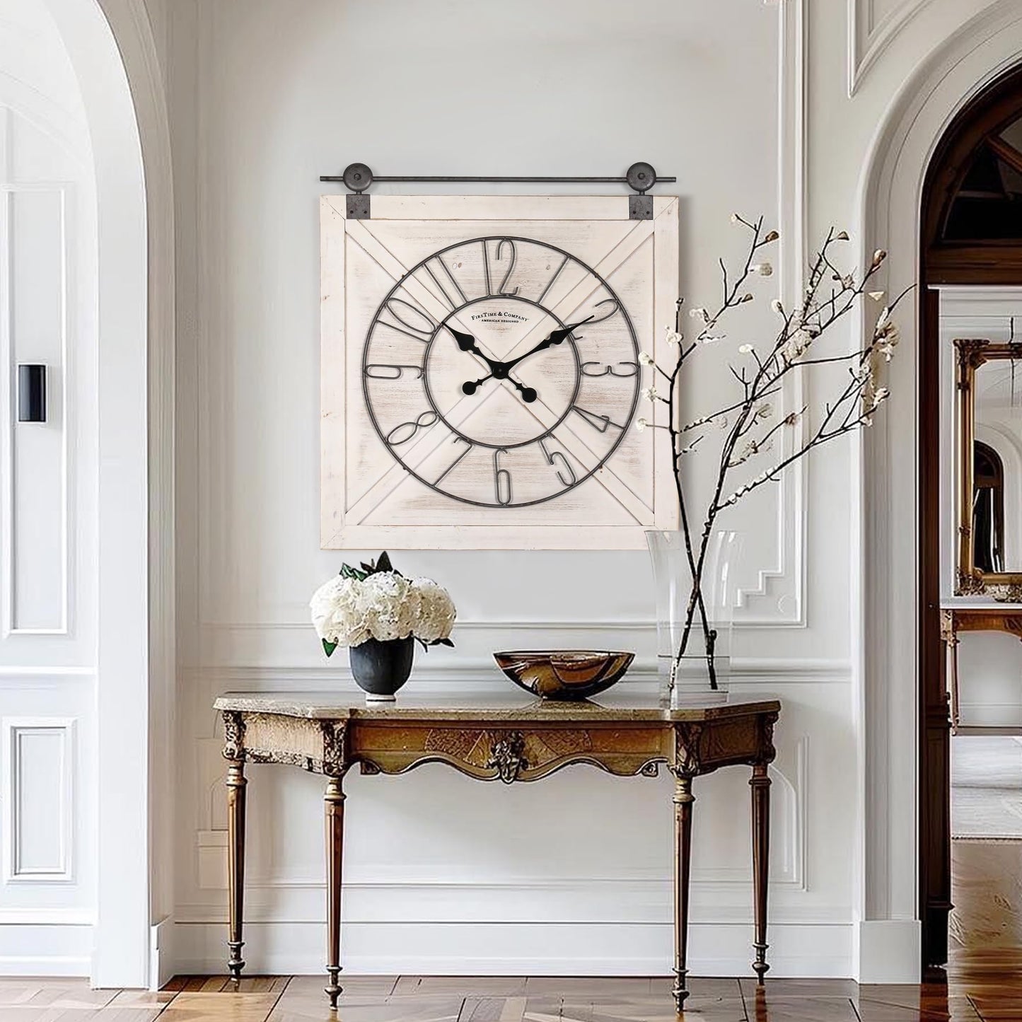 Oakrain Rustic Large Wall Clock, Classic Vintage Hanging Clock, Silent Non-Ticking Square Wall Clock for Living Room Bedroom Office, Numeral, Distressed White, 27''x29''