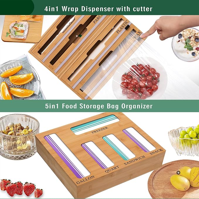 9 In 1 Storage Bag Organizer And Plastic Wrap Dispenser With Cutter, Bamboo Foil and Plastic Wrap Organizer