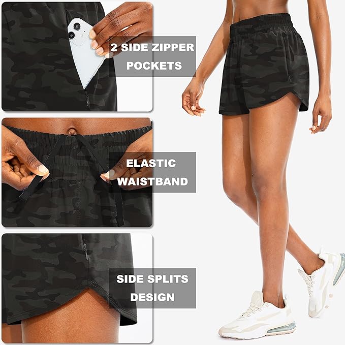 SANTINY Women's Running Shorts with Zip Pockets High Waisted Athletic Workout Gym Shorts for Women with Liner
