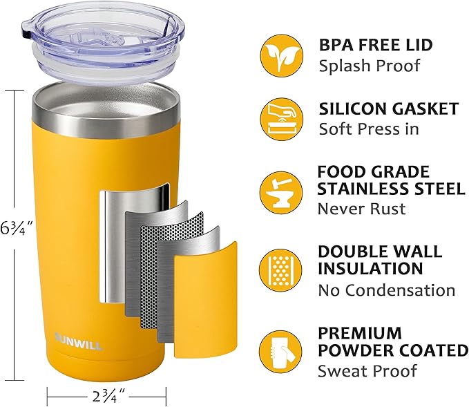 SUNWILL Travel Coffee Tumbler 20 oz, Insulated Mug with Lid, Stainless Steel Cup for Hot and Cold Drinks, Powder Coated Yellow