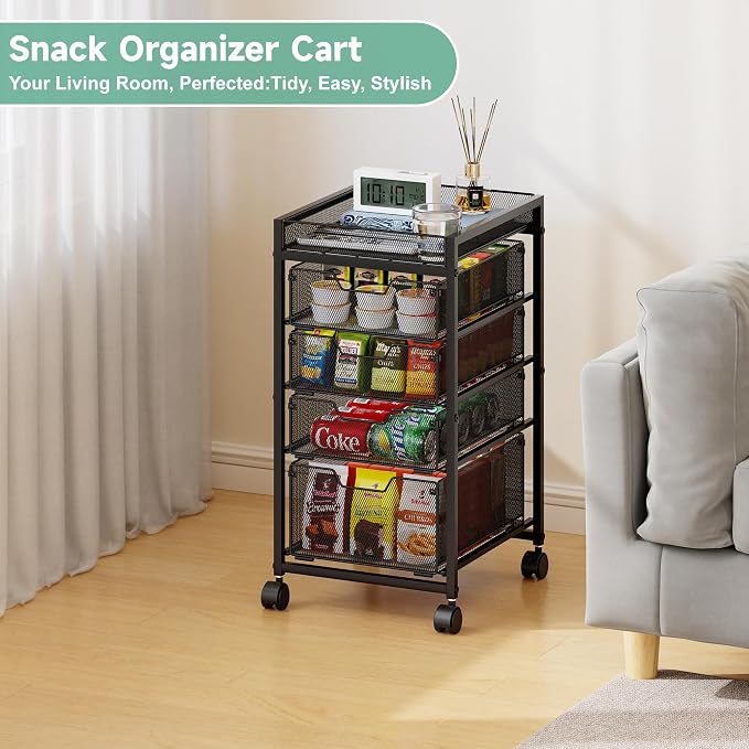keomaisyto 5-Tier Kitchen Storage Cart with Top Basket & Drawers, Fruit and Vegetable Storage Rack on Wheels, Metal Rolling Cart with Drawers & Kitchen Organization for Snacks, Potatoes, Onions, Cans